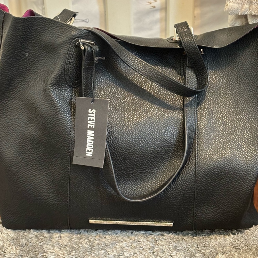 Steve Madden Black Pebbled Leather-Look Tote with Gold Accent